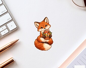 Fox Mushroom Basket Sticker, Cute Watercolor Woodland Forager Laptop Planner Water Bottle Gift