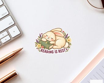 Bunny Reading Is Rest Sticker, Cute Watercolor Reader Laptop Planner Water Bottle Gift