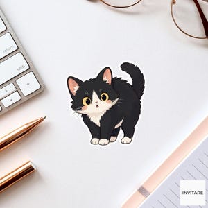May include: A sticker featuring a cartoon illustration of a small black and white kitten with large yellow eyes, a white chest, and white paws. The kitten has a surprised expression with its mouth slightly open and its tail curved upward.
