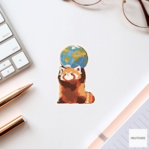 May include: A die-cut sticker featuring a cartoon red panda with reddish-brown fur holding a blue and green globe above its head. The illustration uses a soft, painterly style with visible brushstroke textures, showcasing the animal's white face markings and striped tail.