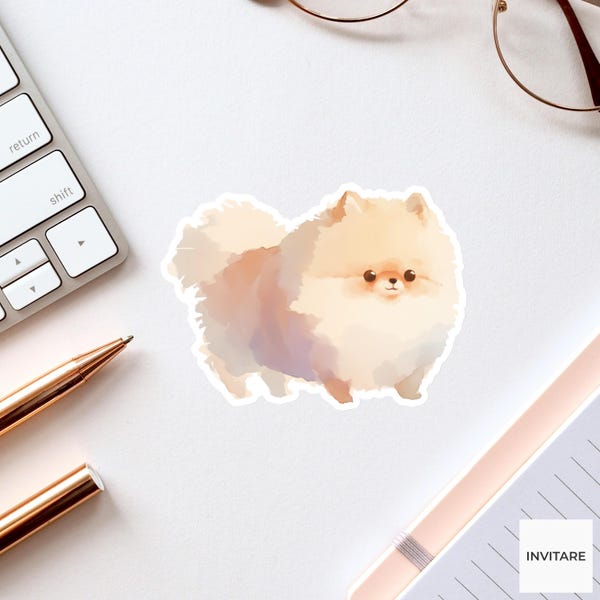 Aquarell Spitz Aufkleber | Flauschiger Creme Pom Vinyl Aufkleber