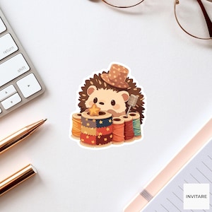 Hedgehog Sewing Student Sticker, Cute Kawaii Laptop Bottle Planner Journal Sewing Gift
