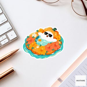 May include: A die-cut sticker featuring a white ghost wearing black sunglasses, floating in a pool of blue water inside a large orange pumpkin ring decorated with vibrant red and yellow hibiscus flowers, creating a tropical autumn scene.