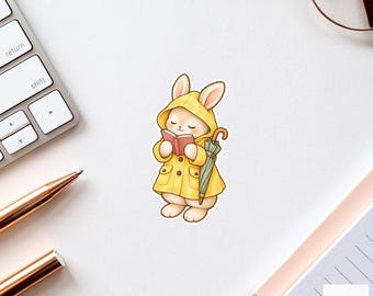 Bunny Raincoat Reading Sticker, Cute Watercolor Bookish Rabbit Laptop Planner Water Bottle Gift
