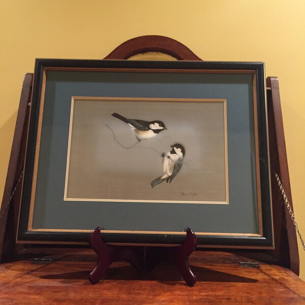 CLEARANCE! Framed and Matted Picture Frame, Picture Frame with Matting and Picture, Picture of Birds, Black and Gold Picture Frame, Blue Fra