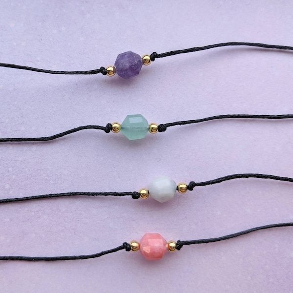 Minimalist Gemstone bead black cord choker necklace, Lavender Jade, Green Aventurine, Aquamarine, Rhodochrosite with extension chain.