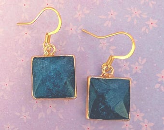 Square Teal Jade gold earrings.