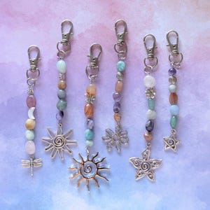 Hippie Semi precious gemstone bead keyring Bag charm. Mixed tumble stones, pastel. image 1