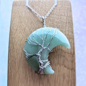 Aventurine Moon Necklace, Wire Wrapped Tree of Life Pendant