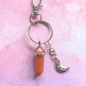 Carnelian pointed bullet moon keyring, Bag Charm.