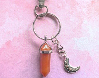 Carnelian pointed bullet moon keyring, Bag Charm.