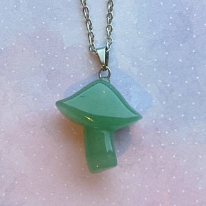 Aventurine magic mushroom toadstool pendant necklace. Green, Silver.