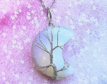 Opalite Moon Necklace, Wire Wrapped Tree of Life Pendant