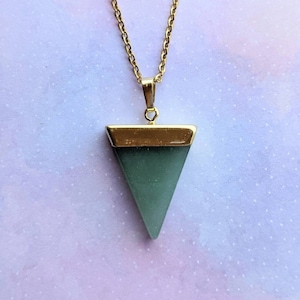 Gold Green Aventurine triangle pendant necklace.