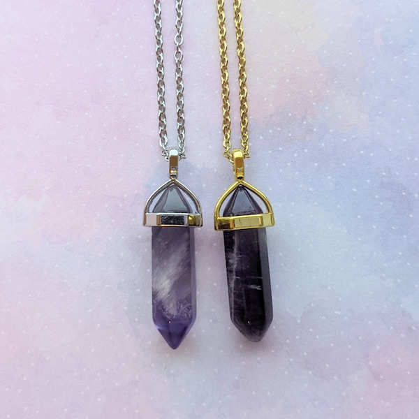 Purple Amethyst Crystal pointed pendant necklace. Peace Silver or Gold.