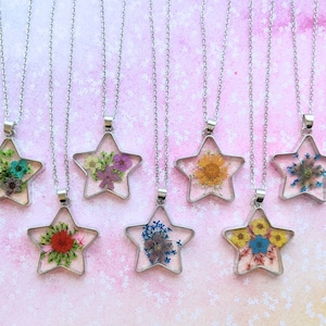 Celestial Dried Daisy Wild Flower Star pendant. Silver chain.