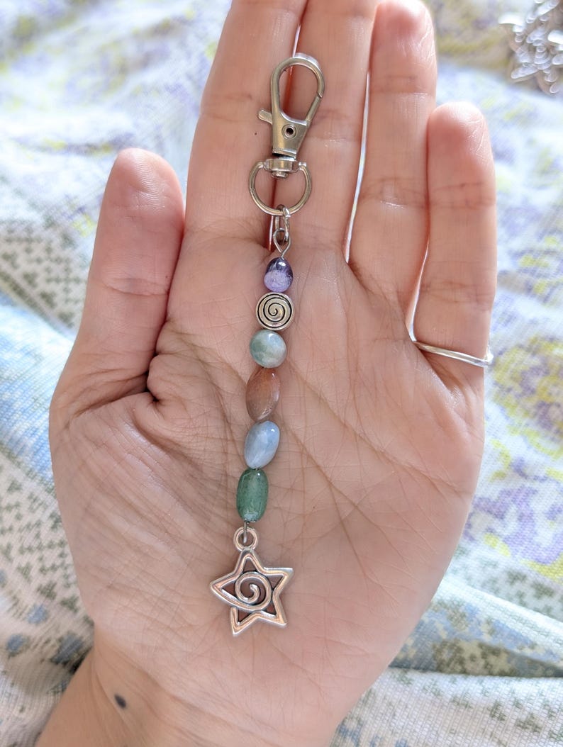 Hippie Semi precious gemstone bead keyring Bag charm. Mixed tumble stones, pastel. image 8