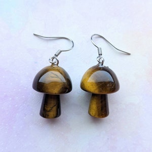 Tiger&#39;s Eye Gemstone mushroom earrings. Brown. Silver.