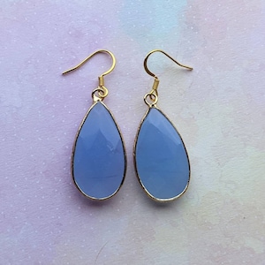 Baby blue Jade, faceted teardrop gemstone earrings, golden stainless steel.