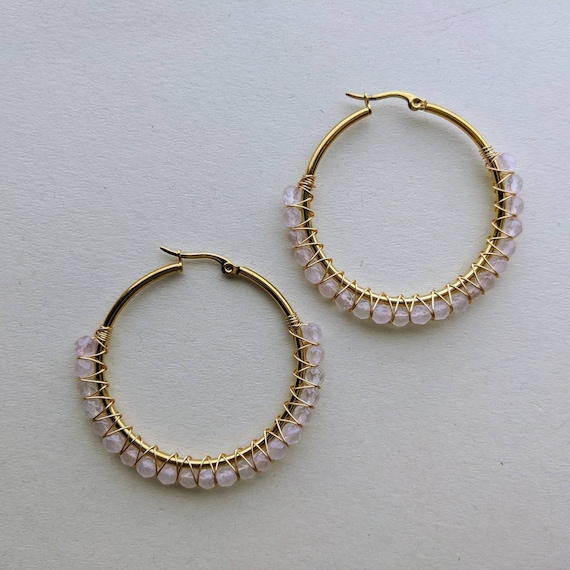 Alambre de cuentas de piedra de cuarzo rosa natural envuelto en