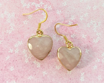 Rose Quartz Love heart pendant earrings. Gold stainless steel hooks.