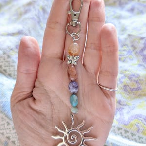 Hippie Semi precious gemstone bead keyring Bag charm. Mixed tumble stones, pastel. image 5