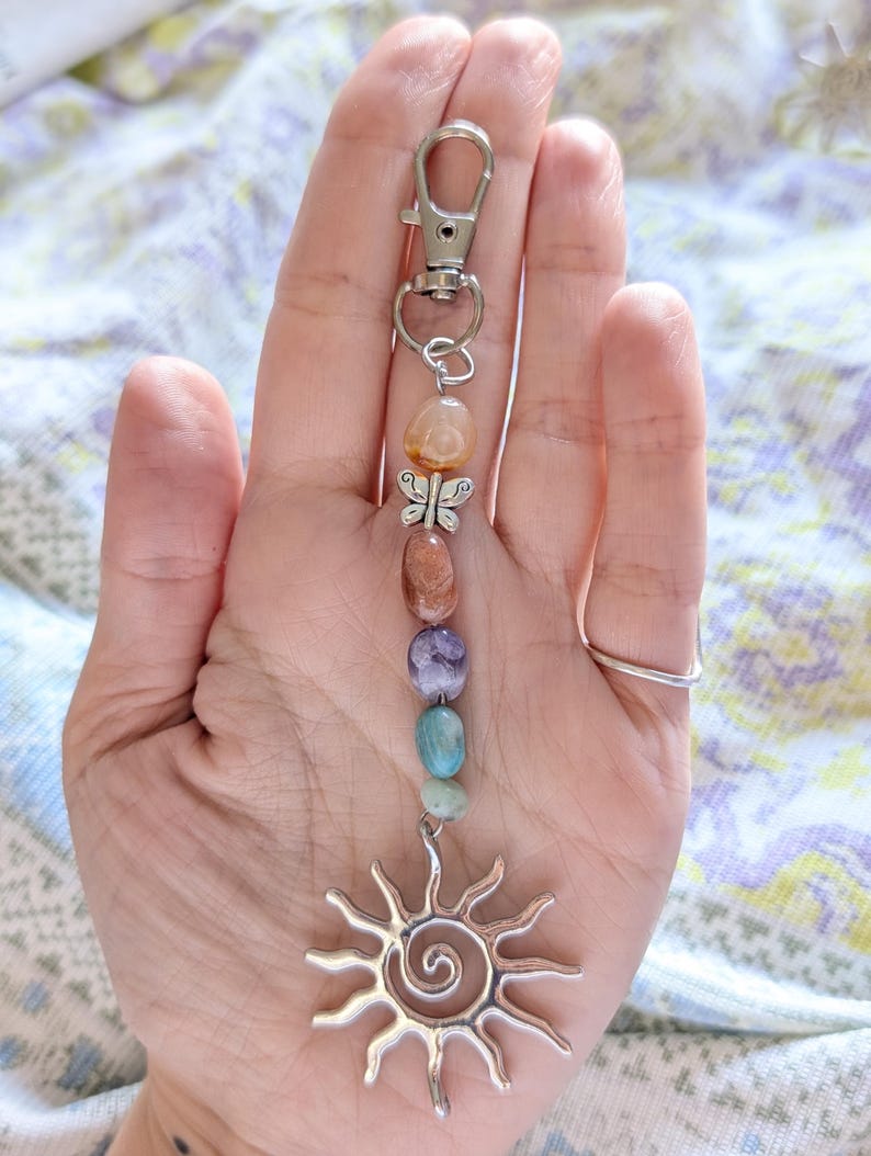 Hippie Semi precious gemstone bead keyring Bag charm. Mixed tumble stones, pastel. image 5