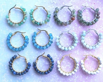 Wire wrapped Natural agate bead earrings. Gold Silver stainless steel.