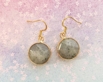 Dainty gold Circle Grey Labradorite pendant dangle drop earrings.
