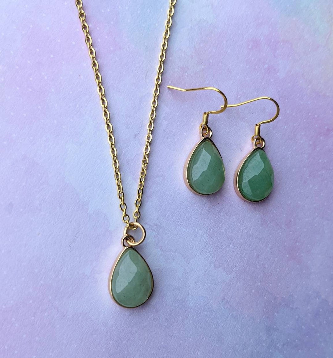 Dainty Natural Green Aventurine Teardrop Pendant Necklace. Gold, Stainless Steel. - Etsy