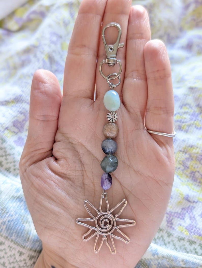Hippie Semi precious gemstone bead keyring Bag charm. Mixed tumble stones, pastel. image 4