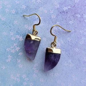 Amethyst earrings. Peace. Gold faceted amethyst pendant earrings. Pointed amethyst earrings. Dangle amethyst earrings. Purple gemstone.