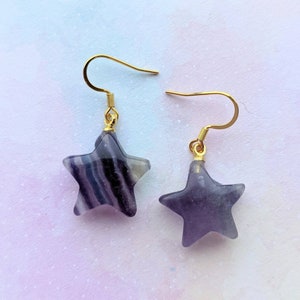 Celestial Rainbow fluorite star earrings. Gold, Gemstone.