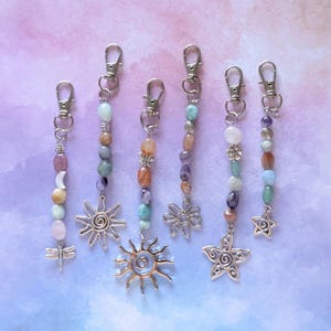 Hippie Semi precious gemstone bead keyring Bag charm. Mixed tumble stones, pastel. image 10