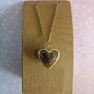 Natural Strawberry quartz, gold trimmed heart pendant necklace, pink, red,  faceted, golden stainless steel chain.