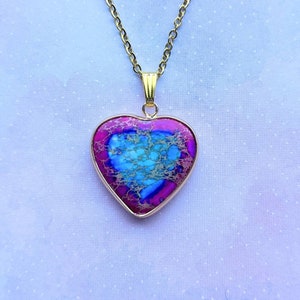 Bright Imperial Jasper, Sea Sediment, regalite heart pendant on golden stainless steal chain. Two tone, pink, teal, blue.