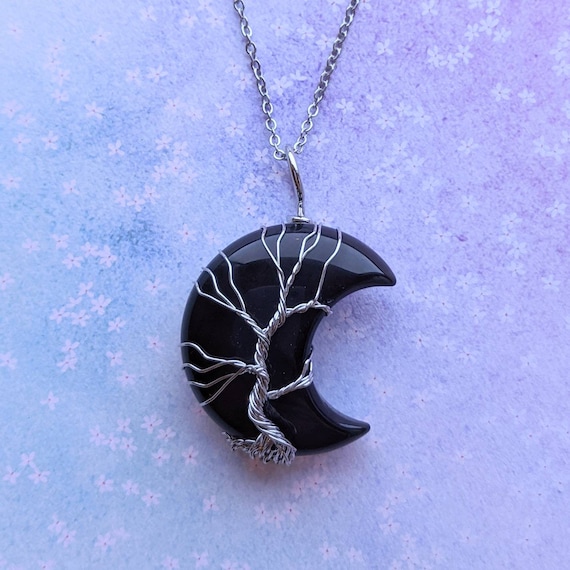Celestial Black Obsidian Moon Necklace Wire Wrapped Crystal Moon