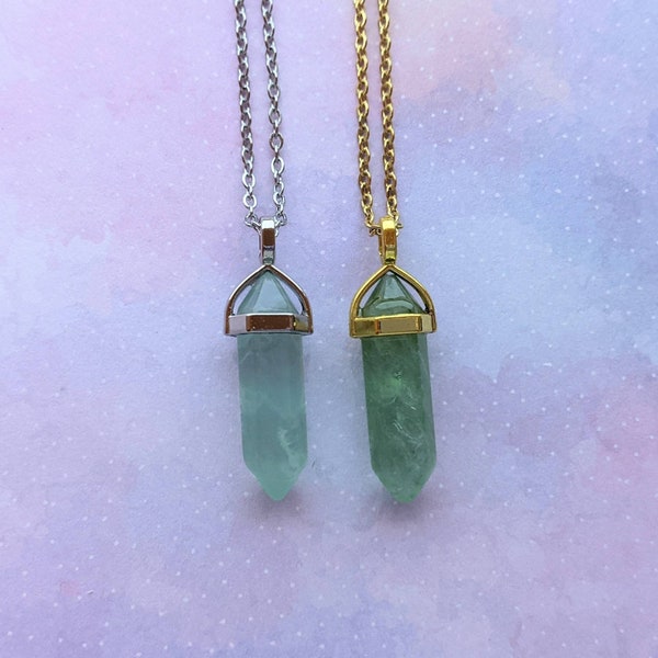 Green Fluorite pointed crystal pendant necklace. Focus, Growth. Silver or Gold.