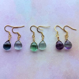 Dainty Rainbow Fluorite Drop Gemstone earrings, wire wrapped, Gold, Purple, Green, Blue.