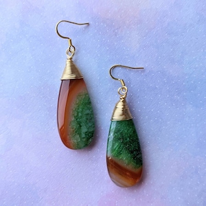 Natural Brazilian Agate Orange & Green wire wrapped earrings, Gold.