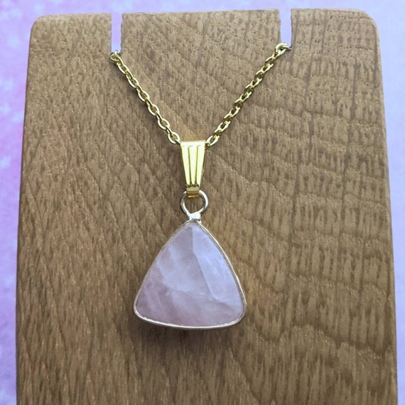 Gold Pink Rose Quartz Triangle Pendant 