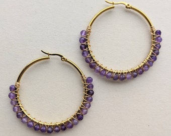 Amethyst Hoop Earrings, Wire Wrapped, Gold Stainless Steel, 50mm