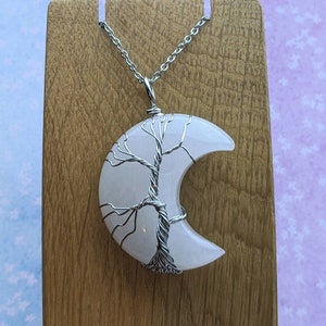 Celestial Quartz Moon Necklace, Wire Wrapped Crystal Moon. Clear Quartz Necklace. Large Quartz Pendant. Gemstone Moon. Tree of life.