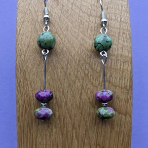 Ruby in zoisite natural bead damgle earrings. Emerald & Mauve.