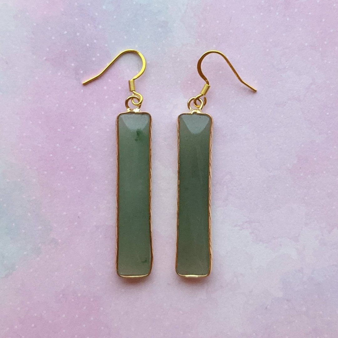 Elegant Minimalist Green Aventurine Drop Dangle Earrings. Long Rectangle. Gold. - Etsy