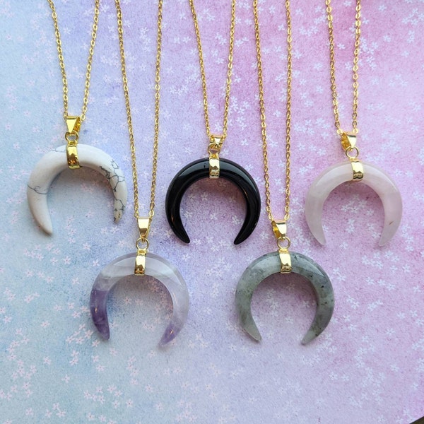 Celestial moon double horn Gemstone pendant necklace.  Gold. Amethyst, Rose Quartz, Opalite, Onyx, Labradorite, Howlite, Tiger's Eye.