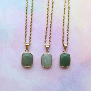 Lucky Green Aventurine pendant necklace. Faceted rectangle. Gold.