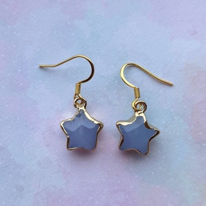 Dainty Blue Grey Agate gold star earrings.