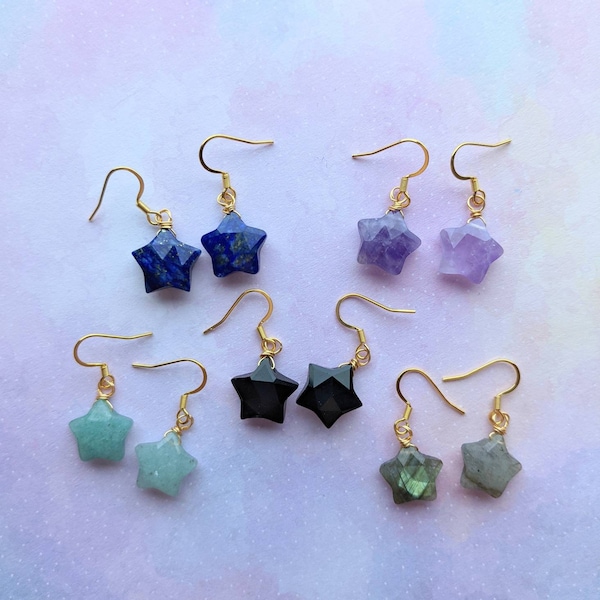 Celestial gemstone star earrings, gold wire wrapped, Amethyst, Labradorite, Green Kyanite, Lapis Lazuli, Obsidian.