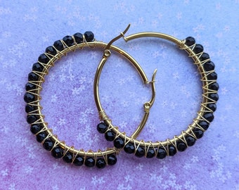 Black Agate Beaded Hoop Earrings, Gold Wire Wrapped Stainless Steel (50mm)